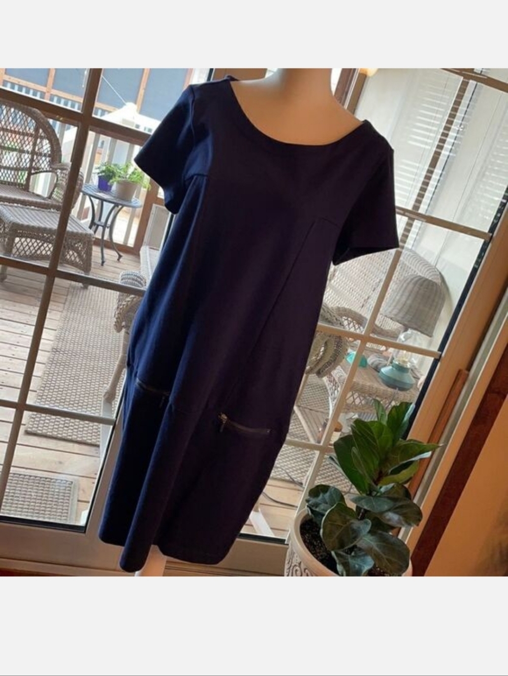 Gap Navy Pullover Knit Shift Dress Exposed Zipper Pockets Size L Large